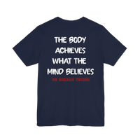 DailyThreadCo. navy blue cotton gym t-shirt featuring a motivational back print in white and red text.