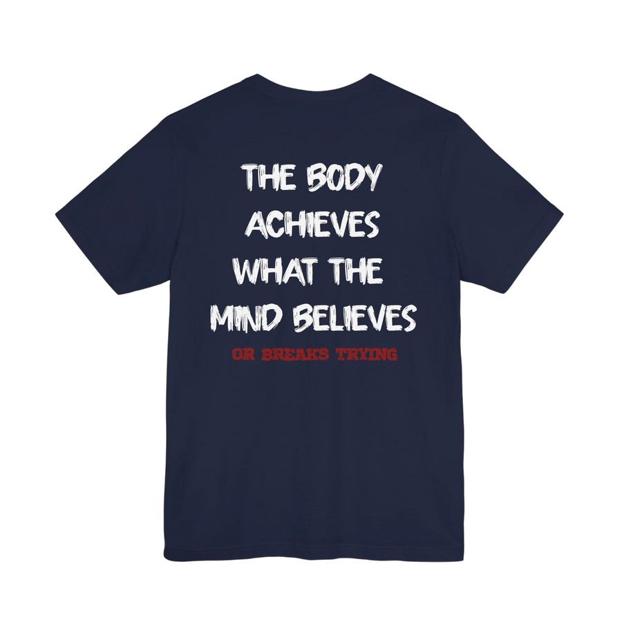 DailyThreadCo. navy blue cotton gym t-shirt featuring a motivational back print in white and red text.