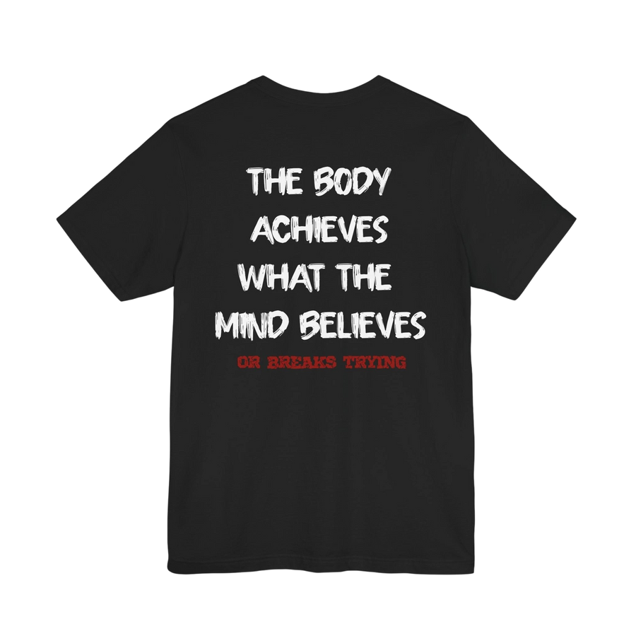 DailyThreadCo. black cotton gym t-shirt featuring a white motivational back print and red secondary text.