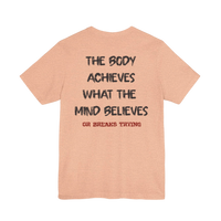 DailyThreadCo. peach-colored motivational gym t-shirt with black and red text on the back for athletic training.