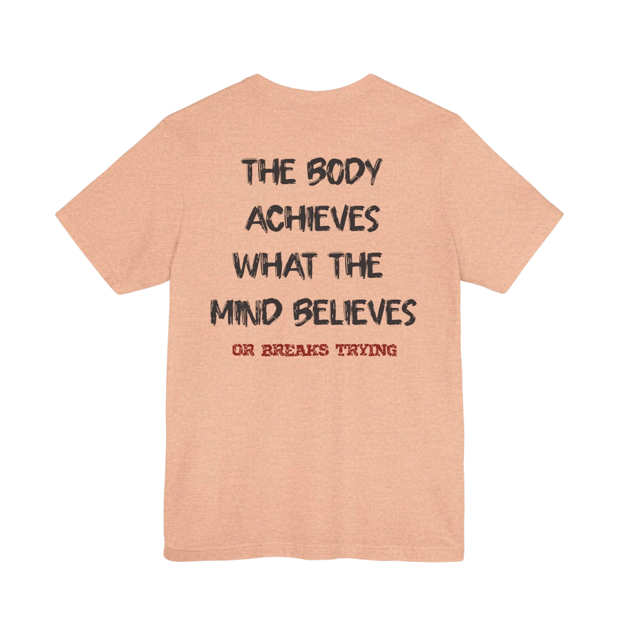 DailyThreadCo. peach-colored motivational gym t-shirt with black and red text on the back for athletic training.