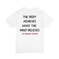 DailyThreadCo. white cotton gym t-shirt featuring a motivational back print about the mind and body.