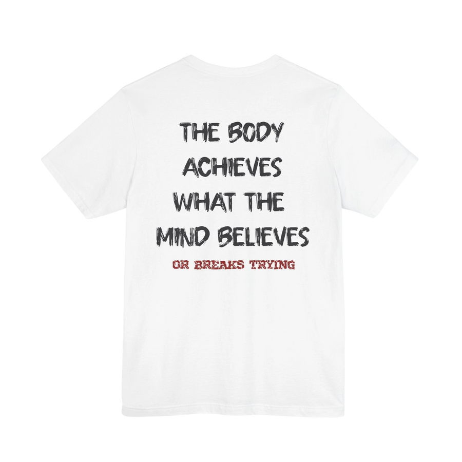 DailyThreadCo. white cotton gym t-shirt featuring a motivational back print about the mind and body.