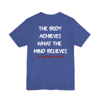 DailyThreadCo. blue cotton gym t-shirt featuring a motivational back print about mind and body strength.