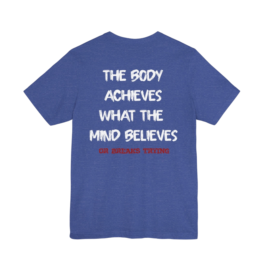 DailyThreadCo. blue cotton gym t-shirt featuring a motivational back print about mind and body strength.