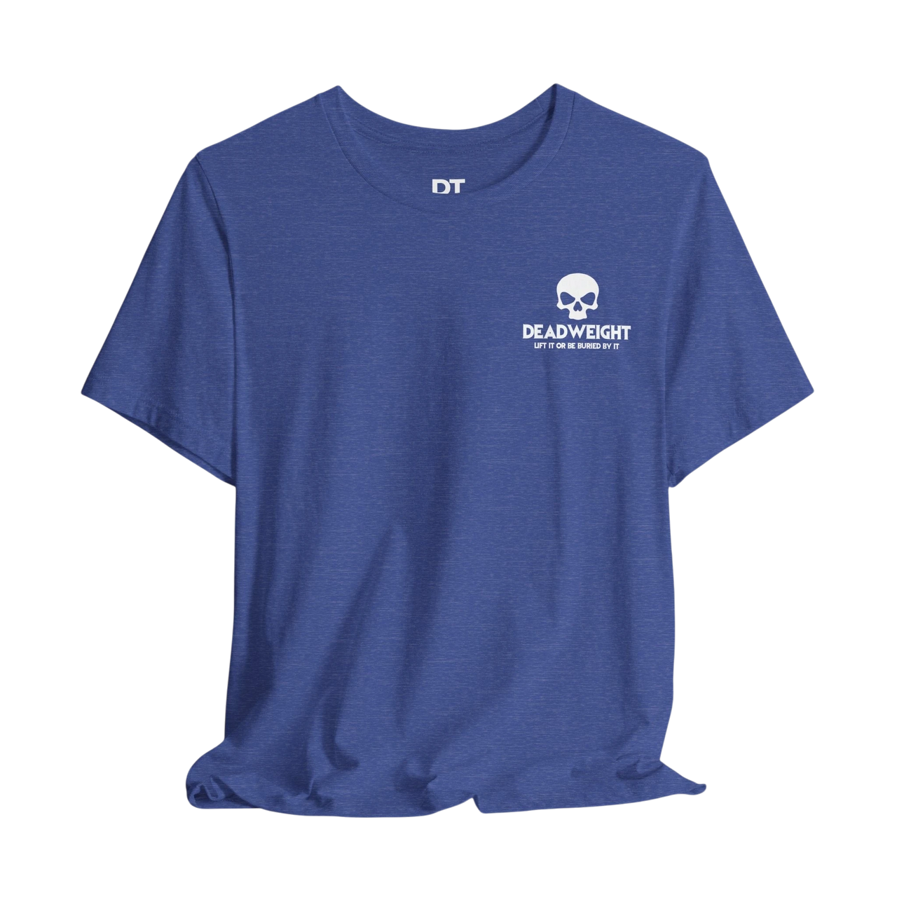 DailyThreadCo. blue athletic crew neck t-shirt with white skull chest graphic and motivational gym branding.
