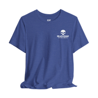 DailyThreadCo. blue athletic crew neck t-shirt with white skull chest graphic and motivational gym branding.