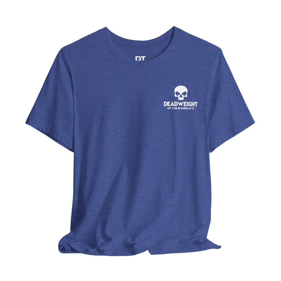DailyThreadCo. blue athletic crew neck t-shirt with white skull chest graphic and motivational gym branding.
