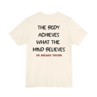 DailyThreadCo. motivational gym tee in cream cotton with black and red back print, featuring an inspirational mantra.