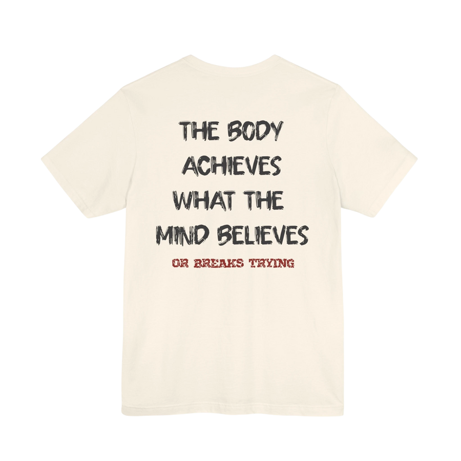 DailyThreadCo. motivational gym tee in cream cotton with black and red back print, featuring an inspirational mantra.