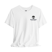 DailyThreadCo. white cotton gym t-shirt featuring a black skull chest emblem and Deadweight motivational graphic.