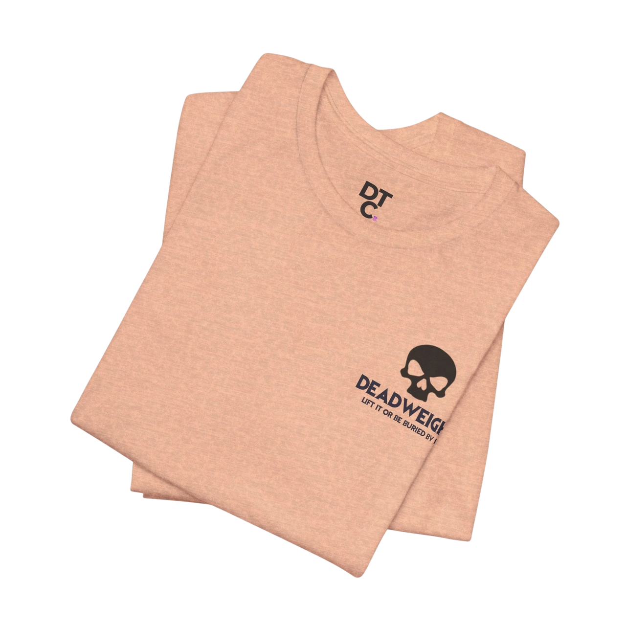 DailyThreadCo. peach-colored cotton gym t-shirt with a skull graphic and Deadweight motivational text on the chest.