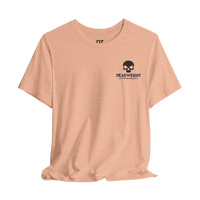 DailyThreadCo. peach-colored athletic gym tee with a black skull chest emblem and Deadweight motivational print.