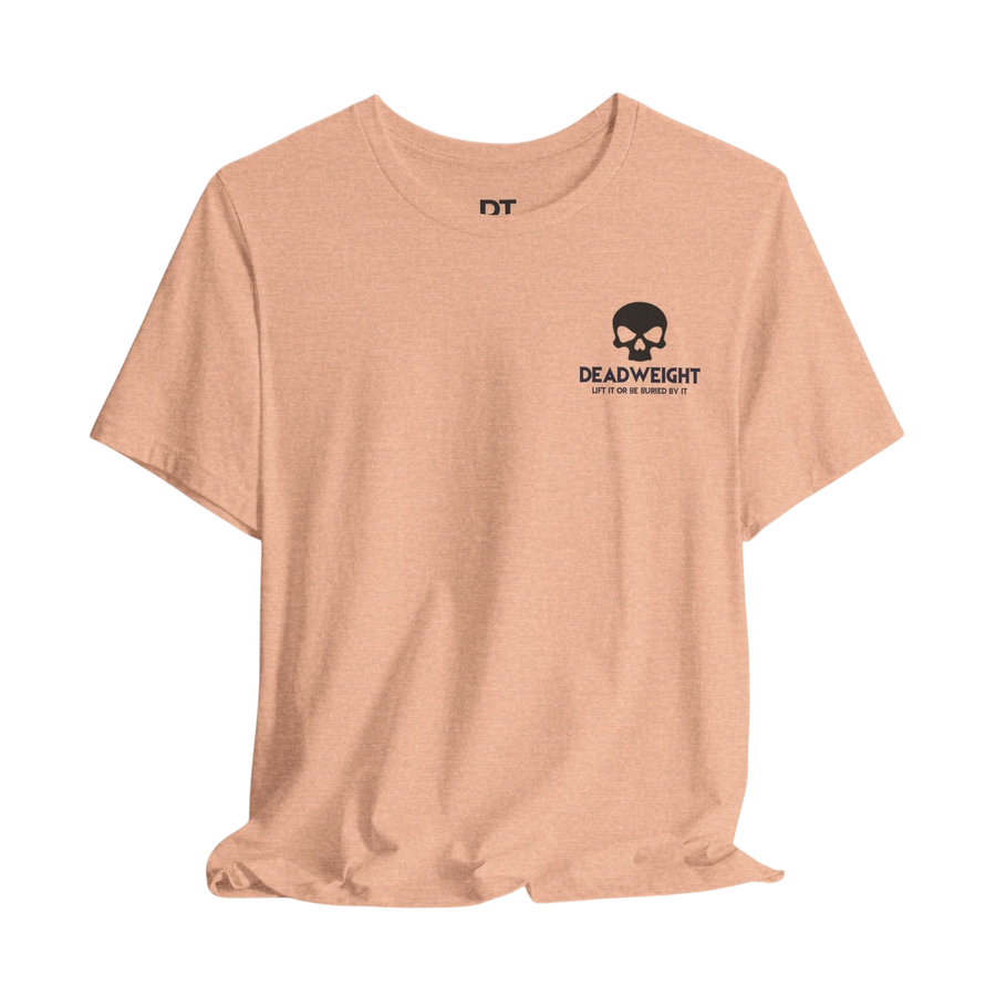 DailyThreadCo. peach-colored athletic gym tee with a black skull chest emblem and Deadweight motivational print.