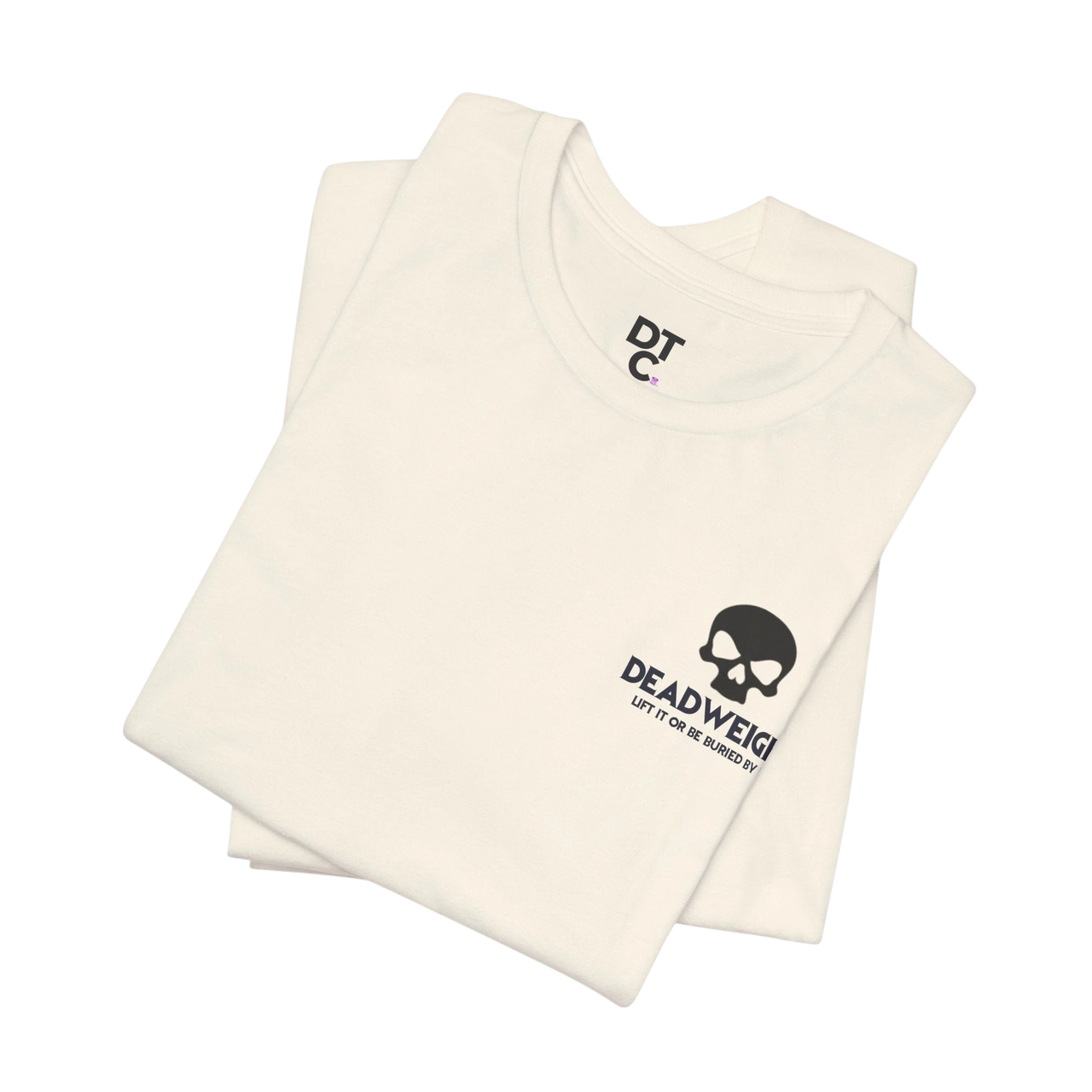 DailyThreadCo. off-white cotton gym t-shirt with a black skull chest emblem and motivational graphic.
