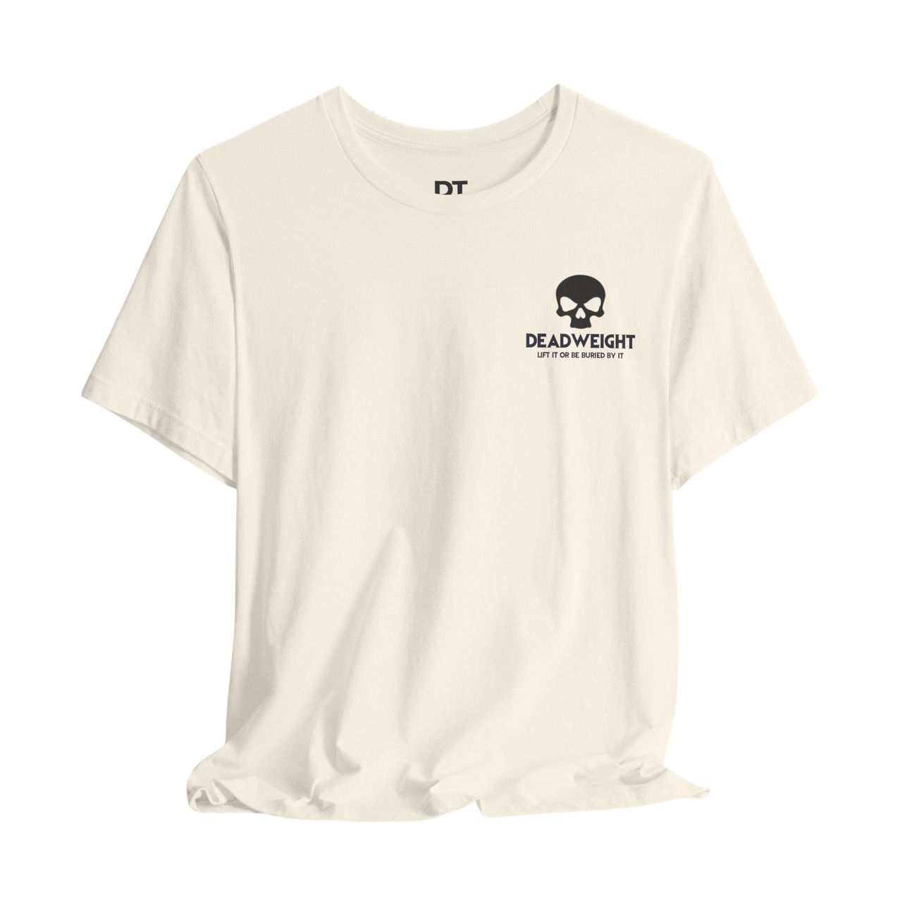 DailyThreadCo. cream cotton gym t-shirt with a black skull chest emblem and Deadweight motivational text.