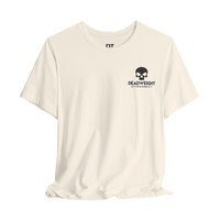 DailyThreadCo. cream cotton gym t-shirt with a black skull chest emblem and Deadweight motivational text.