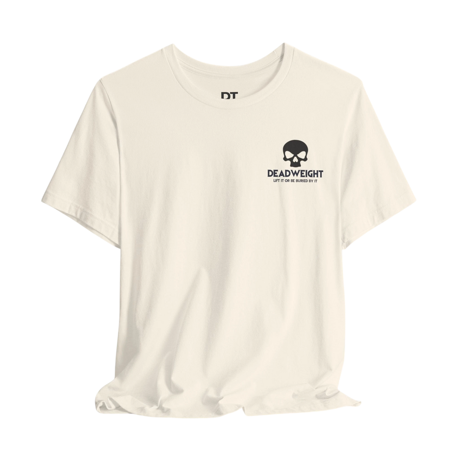DailyThreadCo. cream cotton gym t-shirt with a black skull chest emblem and Deadweight motivational text.
