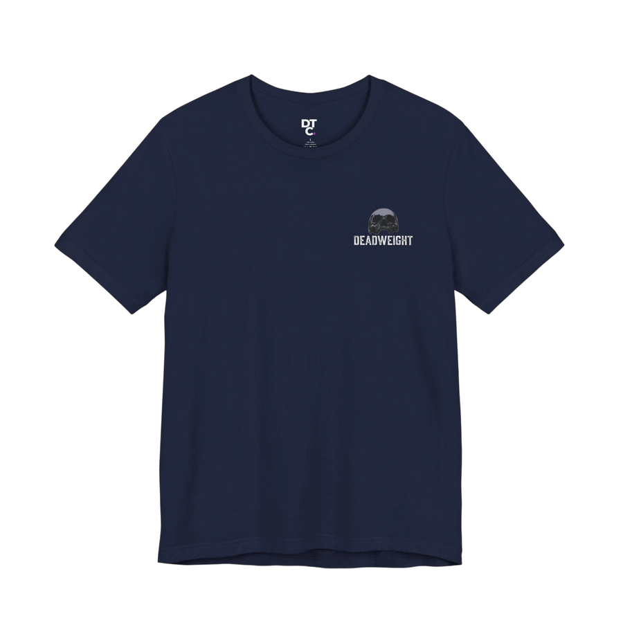 DailyThreadCo. navy blue 100% cotton crew neck t-shirt with "DEADWEIGHT" and skull graphic on chest.