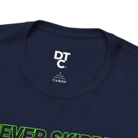DailyThreadCo. navy blue 100% cotton t-shirt with neon green text graphic that says 