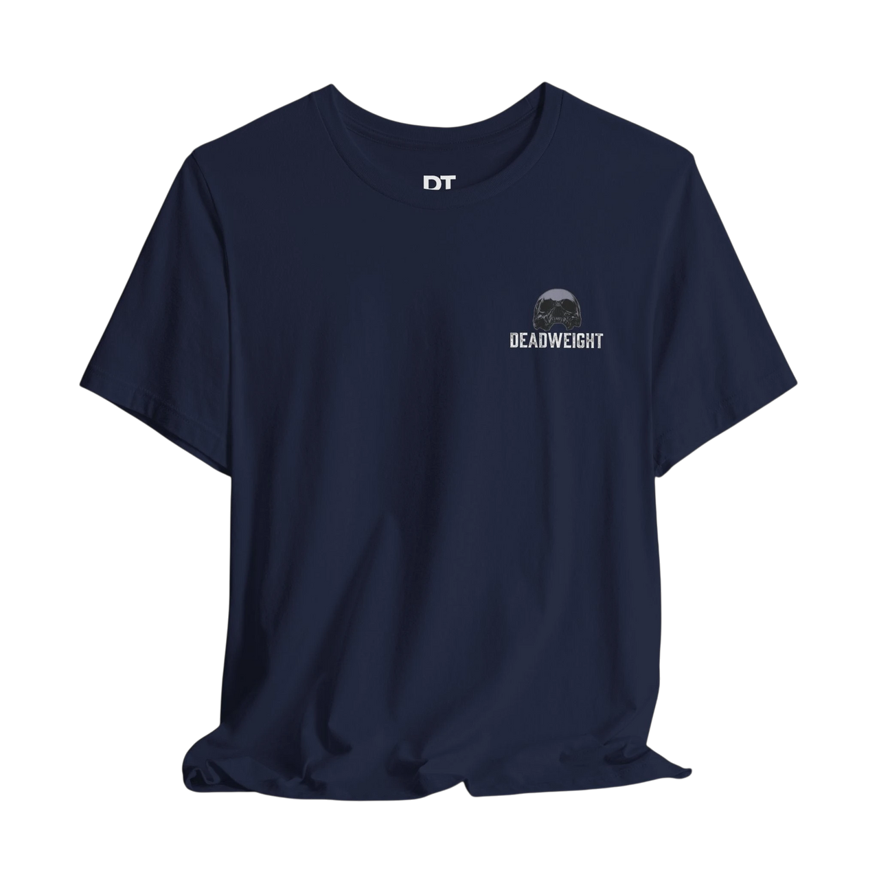 DailyThreadCo. navy blue 100% Airlume cotton t-shirt with crew neck and small skull graphic with "DEADWEIGHT" text on chest.