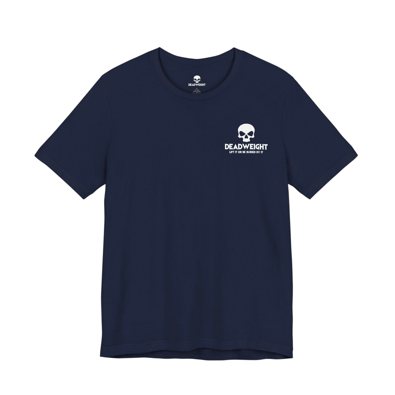 DailyThreadCo. navy blue cotton gym t-shirt with a white skull logo on the front chest for weightlifting workouts.