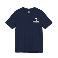 DailyThreadCo. navy blue cotton gym t-shirt with a white skull logo on the front chest for weightlifting workouts.