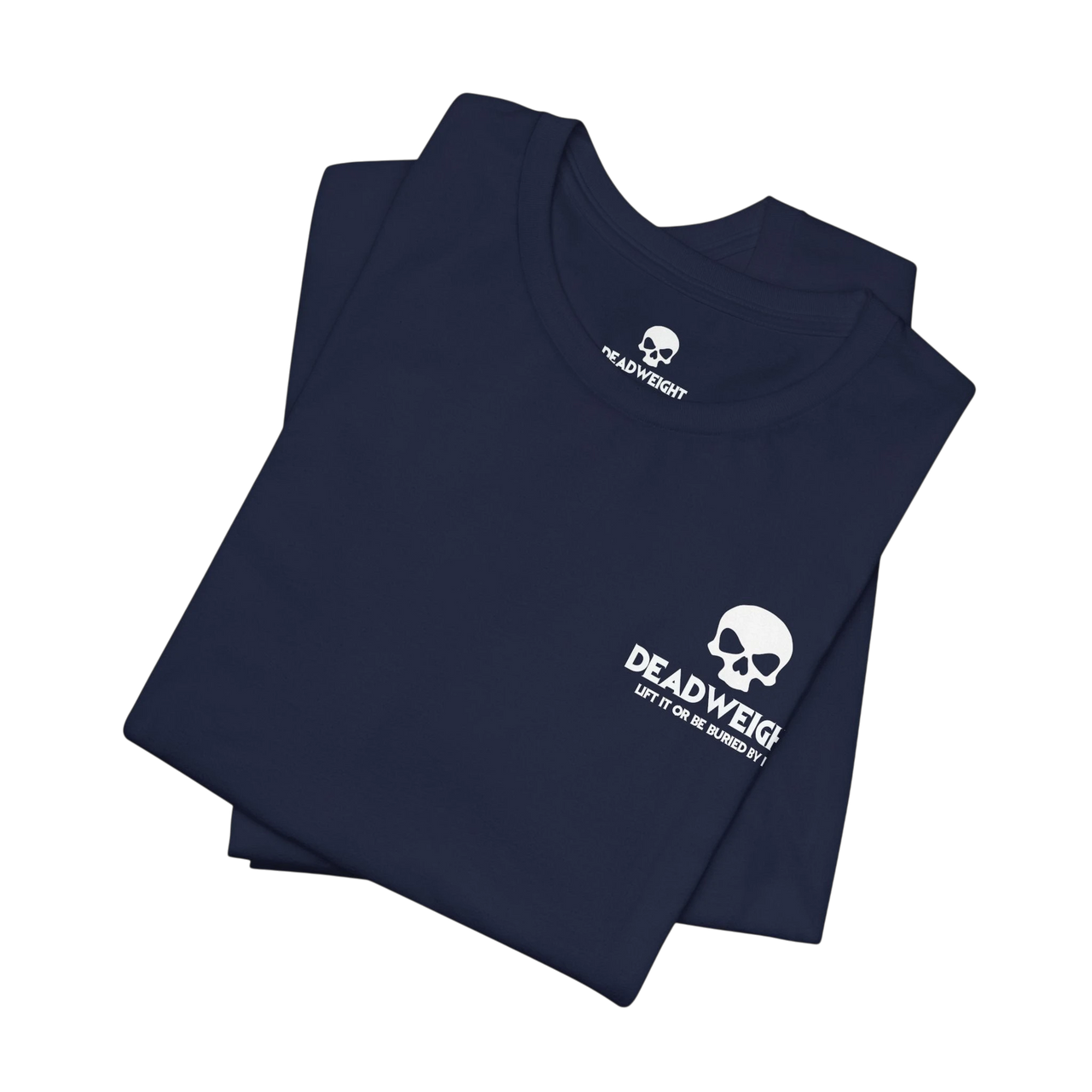 DailyThreadCo. navy blue cotton gym t-shirt with white skull logo print on the chest, folded on a black background.