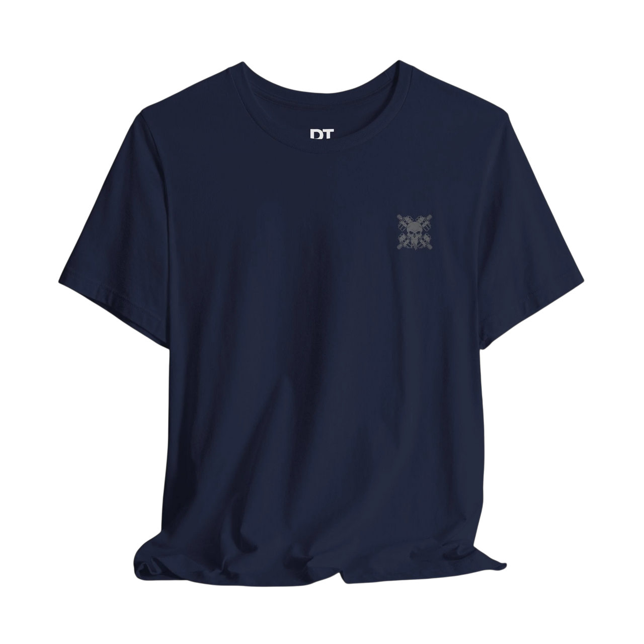 DailyThreadCo. navy blue 100% cotton t-shirt with a small grey skull and crossed barbells emblem on the left chest.
