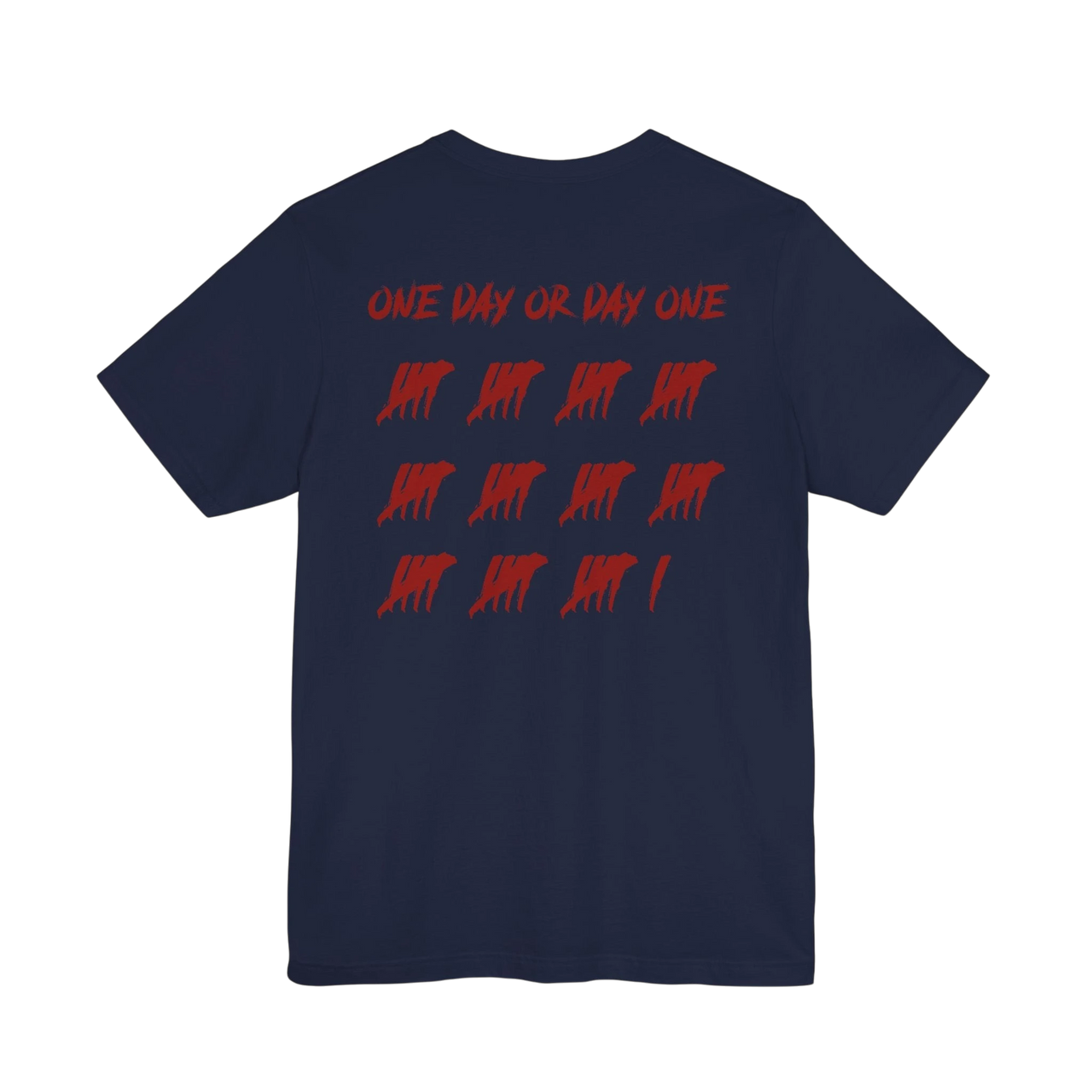 DailyThreadCo. navy blue cotton t-shirt with red One Day or Day One graphic and tally marks on the back