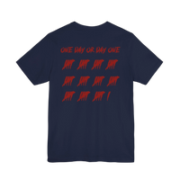 DailyThreadCo. navy blue cotton t-shirt with red One Day or Day One graphic and tally marks on the back
