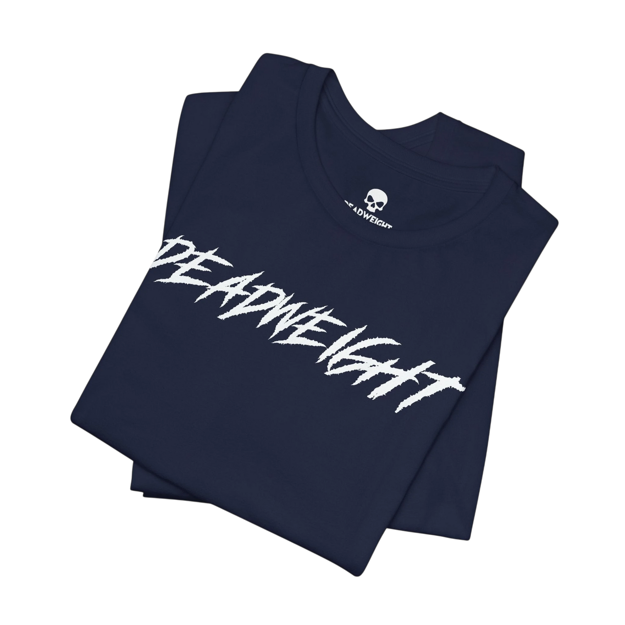DailyThreadCo. navy blue cotton gym t-shirt with white jagged DEADWEIGHT graphic on the chest.