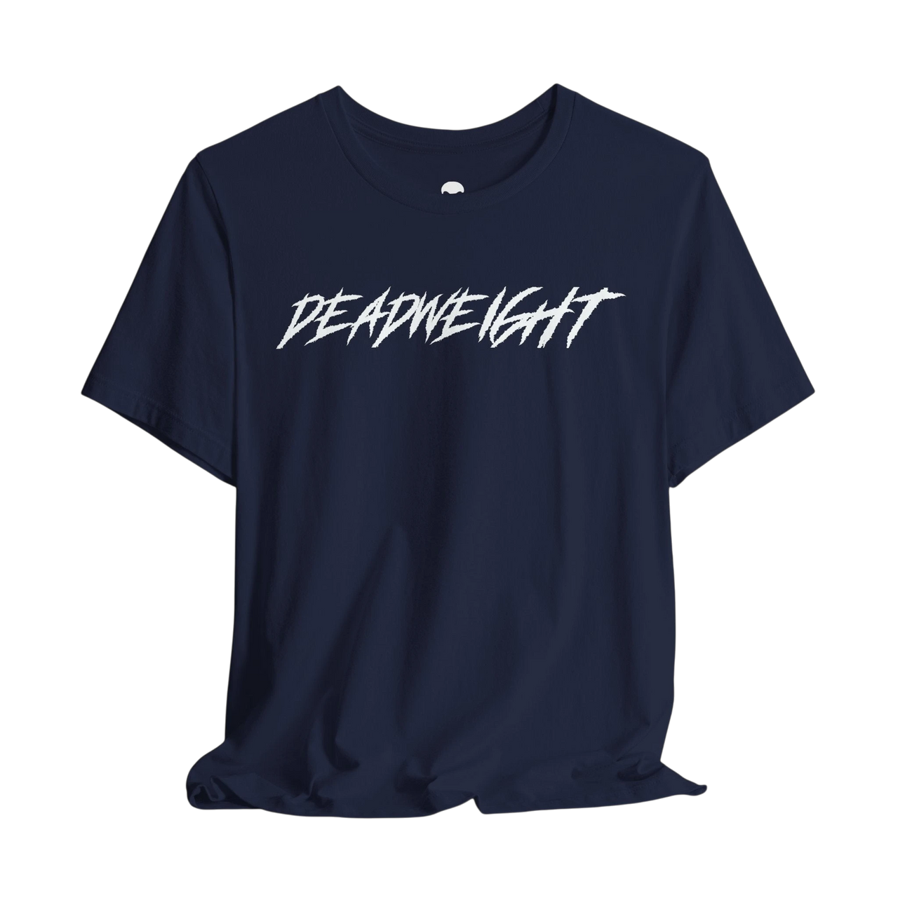 DailyThreadCo. navy blue crew-neck gym t-shirt with white jagged DEADWEIGHT text printed on the chest.