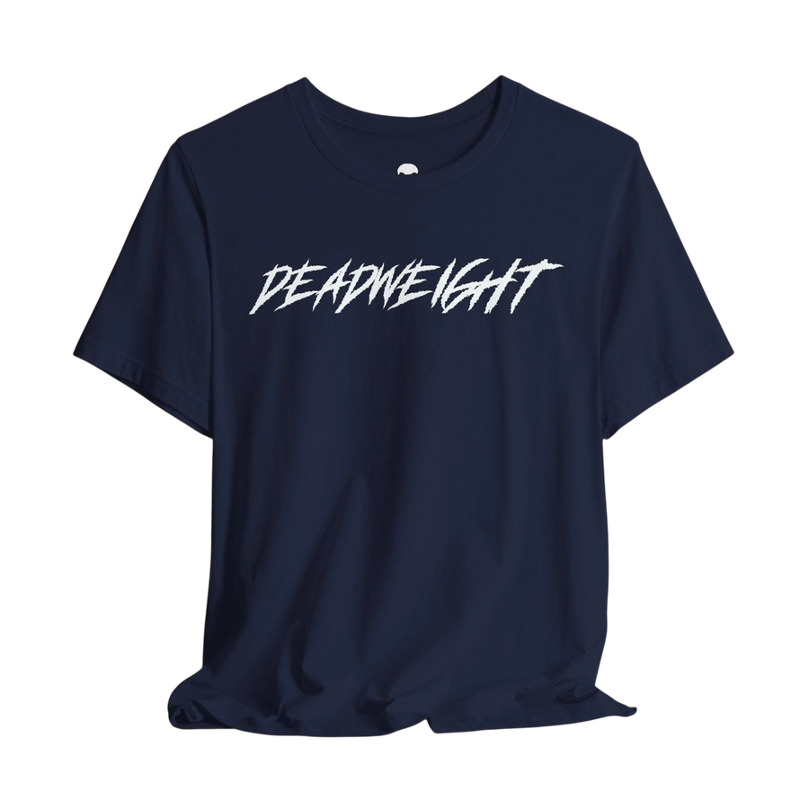 DailyThreadCo. navy blue crew-neck gym t-shirt with white jagged DEADWEIGHT text printed on the chest.