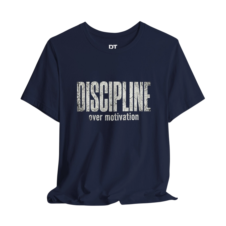 DailyThreadCo. navy blue 100% cotton t-shirt with distressed white text reading "DISCIPLINE over motivation".