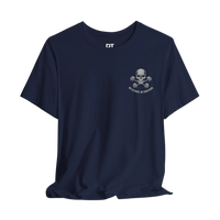 DailyThreadCo. navy blue 100% Airlume cotton t-shirt with a small skull and dumbbells graphic on the chest and 