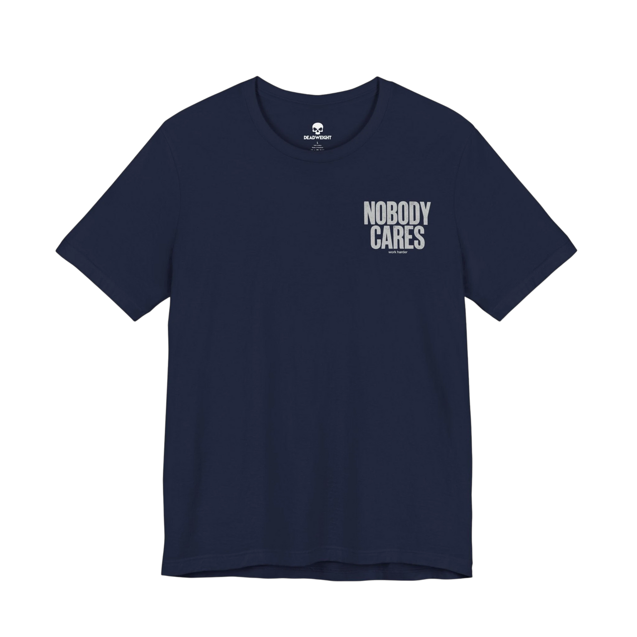 DailyThreadCo. navy blue cotton graphic t-shirt with Nobody Cares text print on the chest.