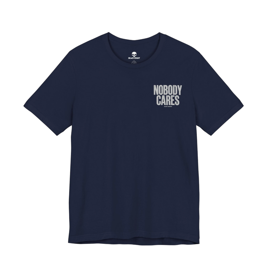 DailyThreadCo. navy blue cotton graphic t-shirt with Nobody Cares text print on the chest.