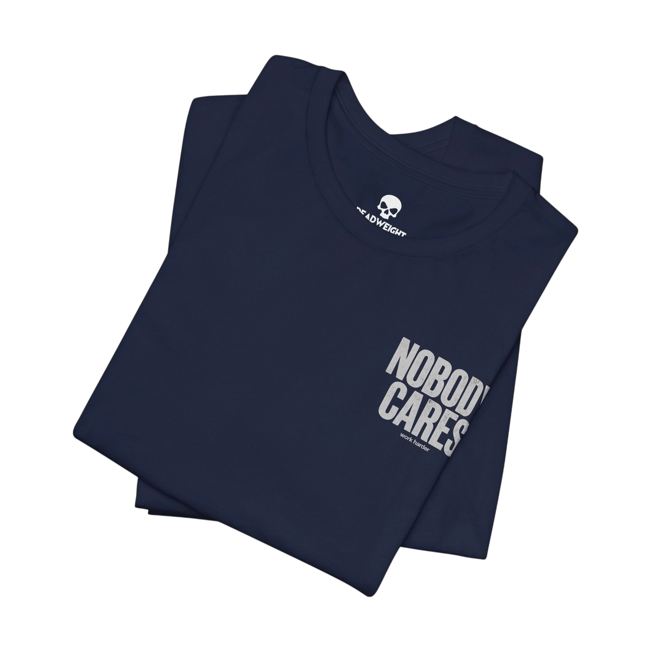 DailyThreadCo. navy blue cotton graphic t-shirt with Nobody Cares text print, folded on a black background.