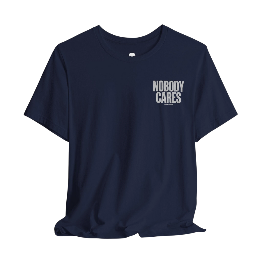 DailyThreadCo. navy blue cotton graphic t-shirt with Nobody Cares print on the chest, featuring a retail fit.