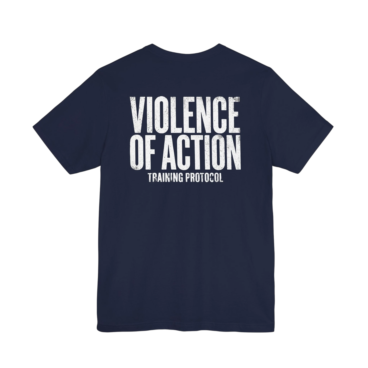 DailyThreadCo. navy blue cotton gym t-shirt featuring a bold white Violence of Action Training Protocol back print.
