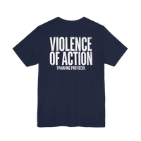 DailyThreadCo. navy blue cotton gym t-shirt featuring a bold white Violence of Action Training Protocol back print.