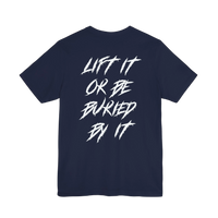 DailyThreadCo. navy blue cotton gym t-shirt featuring white jagged motivational text on the back.