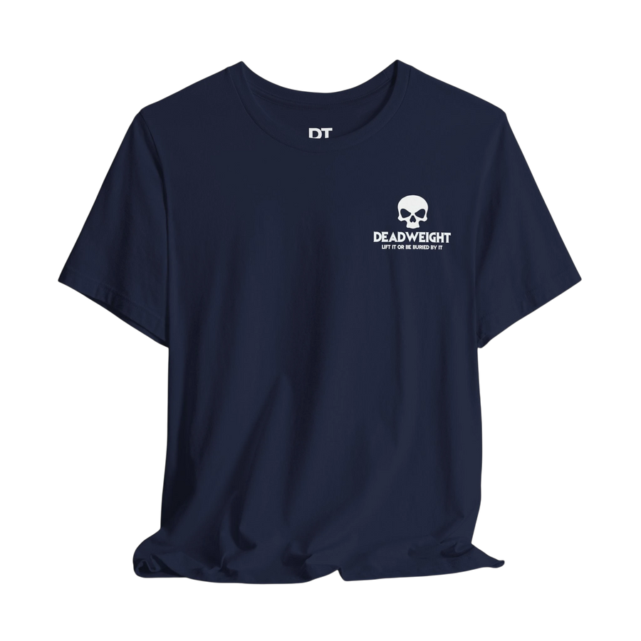 DailyThreadCo. navy blue cotton gym t-shirt with a white skull chest emblem and motivational Deadweight graphic.