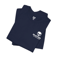 DailyThreadCo. navy blue cotton gym t-shirt with a white skull chest emblem and motivational print.