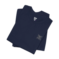 DailyThreadCo. navy blue 100% cotton t-shirt with a small chest logo and a large graphic print of crossed barbells and a skull.