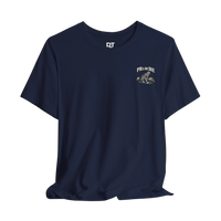 DailyThreadCo. navy blue 100% cotton t-shirt with a skeleton deadlifting graphic and 