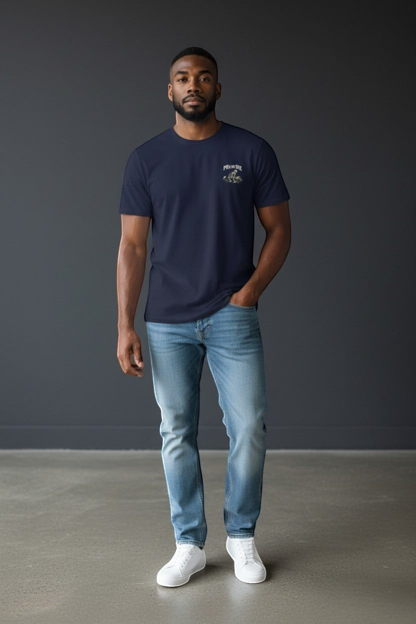 DailyThreadCo. navy blue 100% cotton t-shirt with a skeleton deadlifting graphic and "PRs or Die" text on the back.