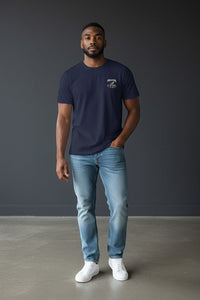 DailyThreadCo. navy blue 100% cotton t-shirt with a skeleton deadlifting graphic and 