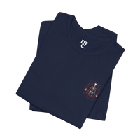 DailyThreadCo. navy blue 100% cotton t-shirt with a skeleton weightlifter graphic on the back and a small logo on the chest.